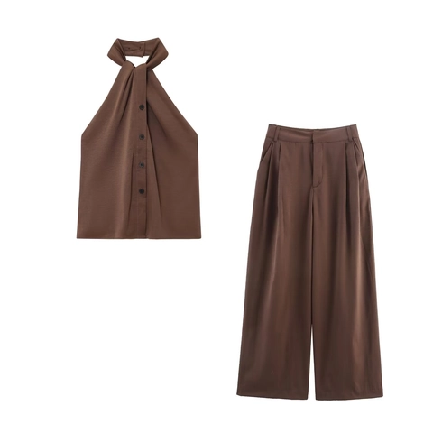 Halter Button Up Top Und Plissierte High Waist Wide Leg Hose Polyester Twill Casual Chic Streetwear Für Damen