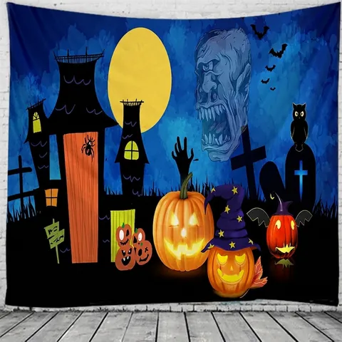 Halloween Tapestry Polyester Wall Hanging Decor For Bedroom Living Room Castle Pumpkin Moon Pattern Nordic Style
