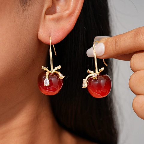 Boucles D'Oreilles Pendantes Cerise Avec Alliage De Cuivre Or Résine Zircon Mode Douce Festive Pour Femmes