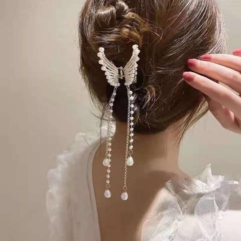 Pinza Per Capelli Ali D'Angelo Farfalla Con Strass Perla Artificiale Nappa Lega D'Oro Elegante Donna