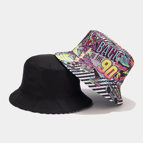 Reversible Retro 80s 90s Party Bucket Hat For Men Women Polyester Printed Graffiti Pop Art Hip Hop Sun Protection Basin Hat