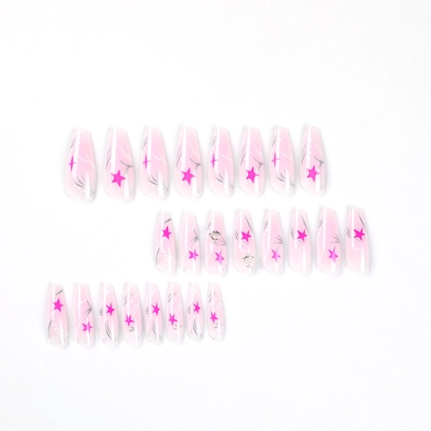 Coffin Künstliche Nägel Pink Verlauf Sternmuster Silber Metall Planeten Deko Lange Falsche Nägel Sweet Cool Stil Künstliche Nägel