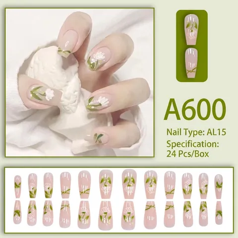 Künstliche Nägel Zum Aufkleben Lange Sargform Weißes Blumenmuster Grüne Blätter Durchscheinend Rosa Frischer Stil Für Damen