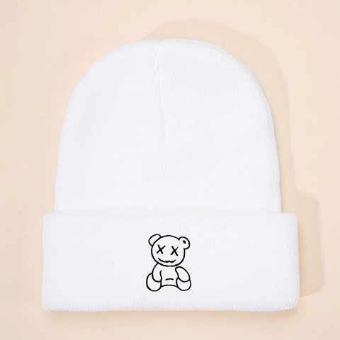 Cappello Beanie In Maglia Con Ricamo Orso Cartone Animato Inverno Caldo Acrilico Streetwear Casual Unisex Di Tendenza
