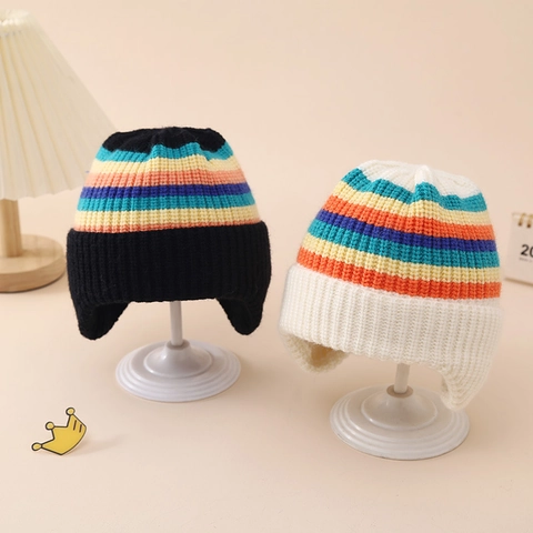 Bonnet En Tricot Pour Bébé Avec Cache-Oreilles Rayures Arc-En-Ciel Acrylique Hiver Chaud Thermique