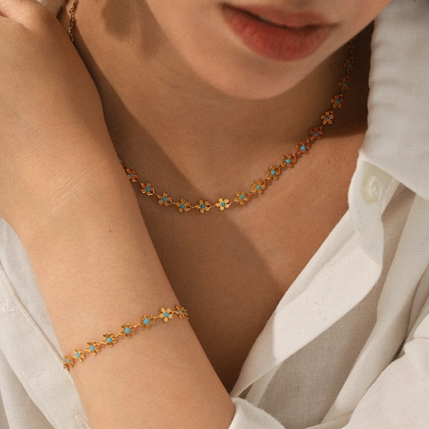 Collier Et Bracelet Fleur Acier Inoxydable Plaqué Or 18K Turquoise Petite Marguerite Bijoux Style Ins Femmes