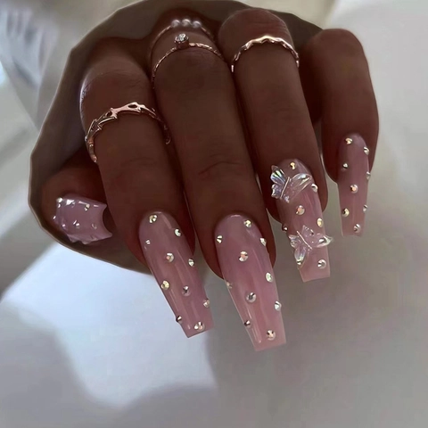 Unghie Finte Coffin Plastica Rosa Con Farfalle Cristallo 3D E Strass Lunghe Ballerina Lucide Eleganti Per Donne