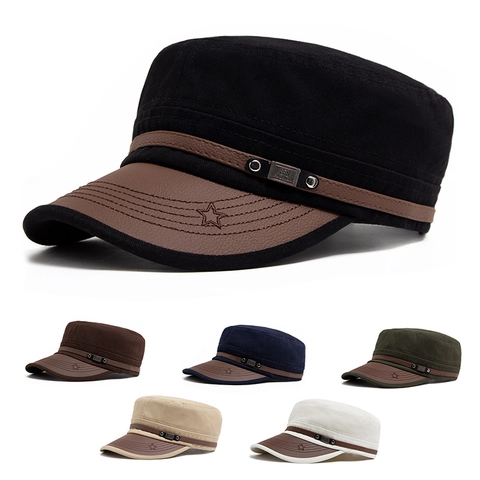 Vintage Katoenen Cadet Cap Leren Klep Platte Militaire Hoed Verstelbare Outdoor Zonnehoed Ster Borduurwerk Voor Heren Dames