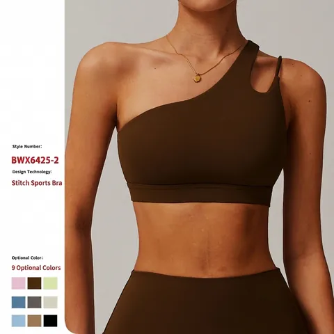 One Shoulder Sports Bra Asymmetric Cut Out Padded Nylon Spandex Activewear For Yoga Gym Workout Running Women