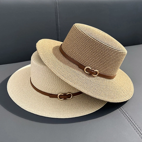 Women Boater Hat Summer Straw Flat Top Wide Brim Sun Protection Beach Vacation French Vintage Leather Band Metal Buckle