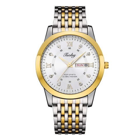 Men Business Quartz Watch Alloy Strap Day Date Display Waterproof Rhinestone Dial Fashion Elegant Formal Timepiece