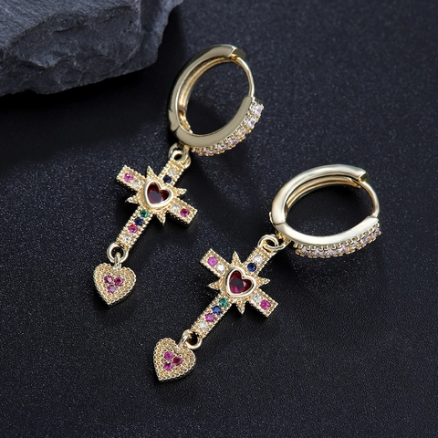 Orecchini a Pendente Donna Eleganti Cuore Croce Rame Zirconia Colorata Intarsiata Oro Argento Placcato Gioielli di Moda