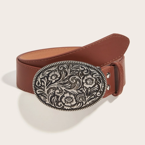 Damen Retro PU Leder Gürtel Mit Großer Ovaler Legierung Blumengravur Schnalle Western Stil Taillengürtel Für Kleider Anzüge