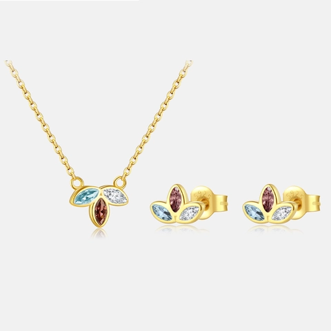 Collana e Orecchini a Lobo con Foglia in Argento Sterling 925 Strass Intarsiato Placcato Oro Gioielli Vintage Minimalisti per Donna Banchetto