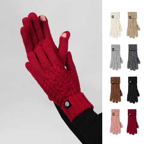 Winter Knitted Gloves Wool Blend Cable Knit Touchscreen Opening Thickened Warm Outdoor Cycling Women Men