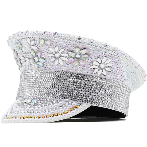 Luxury White Flat Top Military Hat With Rhinestones Faux Artificial Pearls Glass Gems Shimmering Party Performance Captain Cap