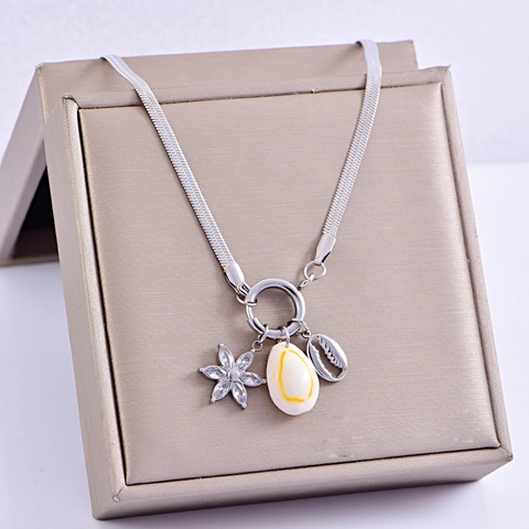 Stainless Steel Shell Zirconia Heart Pendant Necklace New Chinese Style Conch Artificial Pearl Choker For Women Jewelry