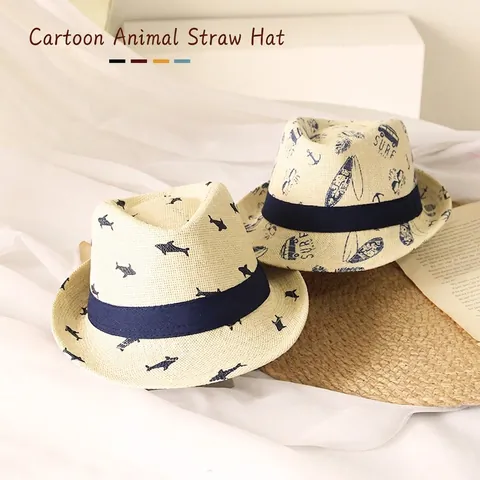 Kids Straw Fedora Hat Breathable Sun Protection Jazz Hat Cartoon Shark Surf Print Boys Girls Summer Beach Accessory