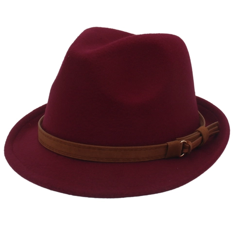 Fedora Hat Classic British Style Woolen Felt Jazz Cap With Leather Buckle Band Vintage Unisex Solid Color Short Brim