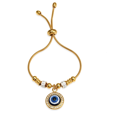 Stainless Steel Evil Eye Bracelet For Women Adjustable Snake Chain Gold Silver Plated Rhinestone Heart Charm Religious Jewelry Gift