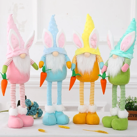 Decorazione Peluche Gnomo Coniglio di Pasqua Con Orecchie di Coniglio e Carota Tessuto a Maglia Bambola Telescopica da Tavolo Casa