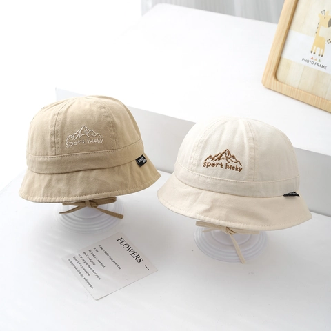 Cappello Alla Pescatora In Cotone Per Bambini Protezione Solare Tesa Larga Campeggio All'aperto Cinturino Regolabile Ricamo Montagna