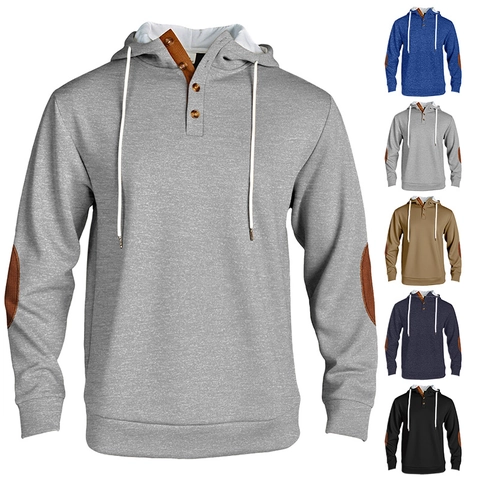 Sudadera Con Capucha Hombre Poliéster Punto Cuello Botones Parche Codo Casual Holgada Pullover Cordón
