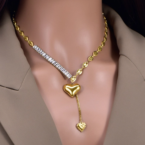 Collana Con Pendente A Cuore In Acciaio Inossidabile Catena Chicco Di Caffè Asimmetrica Zircone Intarsiato Gioielli Retro Donna