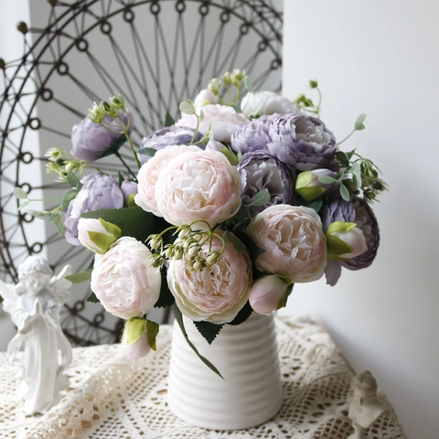Artificial Peony Rose Flower Bouquet Satin Cloth Multi-Head Lifelike Floral Arrangement For Home Wedding Decor Desktop Ornament