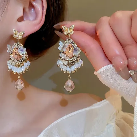 Pendientes Colgantes De Mariposa Estilo Palacio Vintage Con Cristal De Gota De Agua Rosa Y Poste De Plata 925