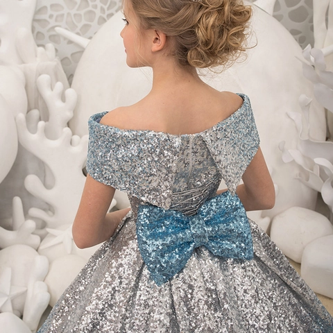 Abito Da Principessa Con Paillettes Per Bambine Vestito Da Ballo Sfumato Argento Blu Spalle Scoperte Matrimonio Festa Bimbi