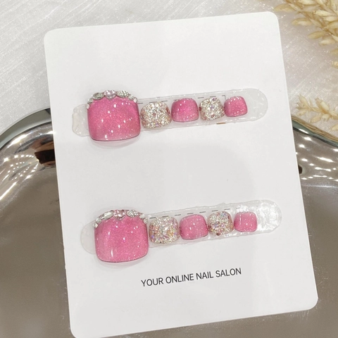Handmade Press On Toenails Pink Cat Eye Glitter With Rhinestones And Artificial Pearls French Style Glossy Elegant For Women