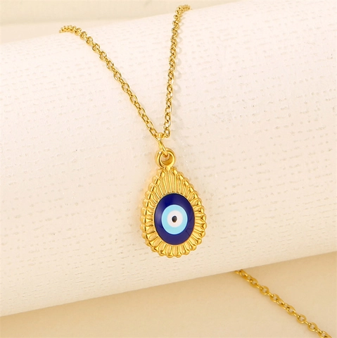Evil Eye Wassertropfen Anhänger Halskette Edelstahl Vergoldet Blau Emaille Vielseitig Elegant Schmuck Für Damen
