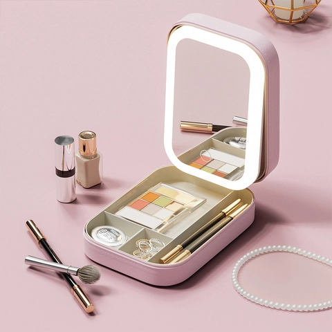 Portable Makeup Organizer With LED Light Mirror PU Leather Travel Cosmetic Case Adjustable Brightness Jewelry Storage Box
