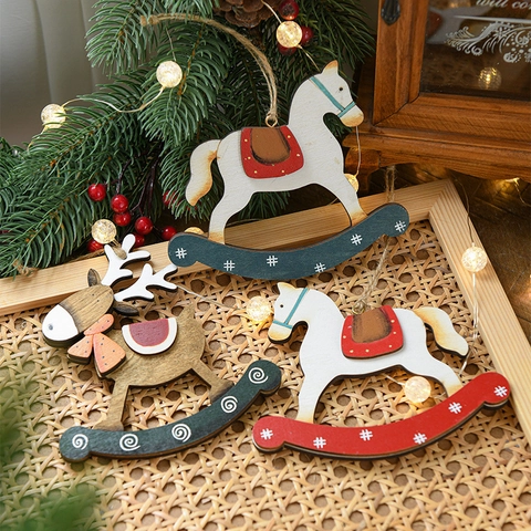 Weihnachtsbaum Holz Ornamente Bemalte Rentier Schaukelpferd Retro Anhänger Für Home Holiday Decor Vintage