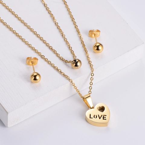 Love Heart Pendant Necklace And Ball Stud Earrings Stainless Steel Double Layered 18k Gold Plated Jewelry Minimalist For Women