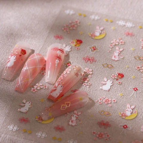 Nail Art Stickers 3D Gold Foil Embossed Chinese Style Rabbit Cherry Blossom Self Adhesive Decals Manicure DIY Decoration