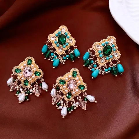Orecchini Pendenti Barocchi Vintage Con Lega Vetro Strass Perla Artificial Sintetica E Perno In Argento Da Donna Stile Etnico