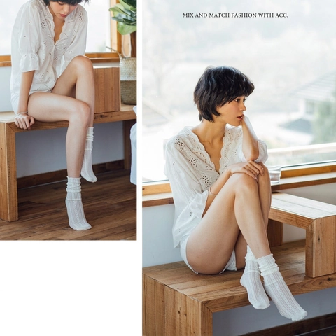 Women Mid-Calf Socks Japanese Style Cable Knit Hollow Mesh Ruffle Trim Soft Polyester Cotton Casual Sweet Slouchy
