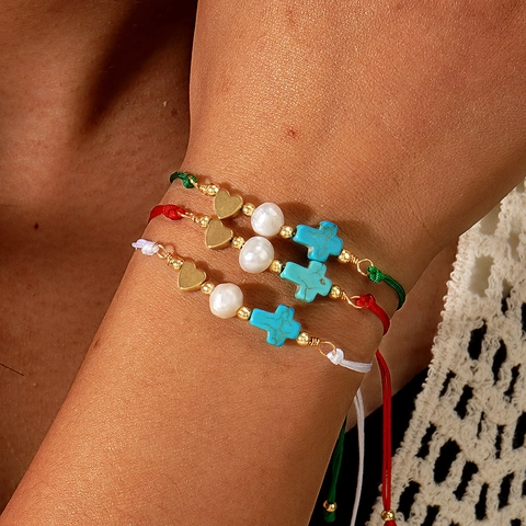 Handmade Woven Rope Bracelet With Cross Heart And Imitation Artificial Pearl Adjustable Bohemian Jewelry Gift For Women Girls