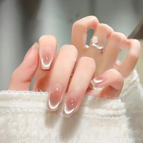 Katzenauge Press On Nägel Farbverlauf Blush Pink Schimmer Glänzend Lange Sargform Künstliche Nägel Für Frauen