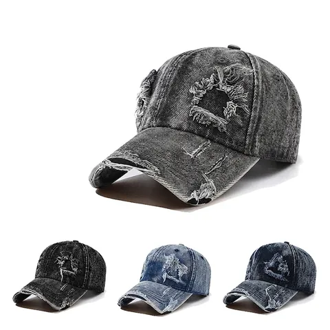 Berretto da Baseball in Denim Lavato Vintage con Strappi Uomo Donna Distressed Retro Regolabile Cappello da Sole Streetwear