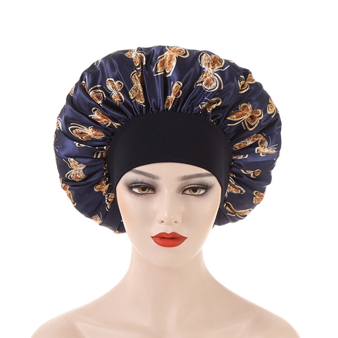 Butterfly Print Polyester Satin Sleep Cap For Women Wide Elastic Band High Stretch Bonnet Cap Hair Care Night Headwear
