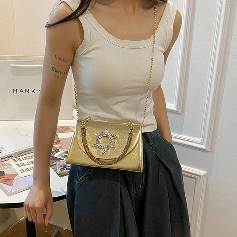 Elegant Women Evening Clutch Bag PU Leather With Rhinestone Sunburst Decor And Metal Chain Strap Formal Party Small Square Handbag