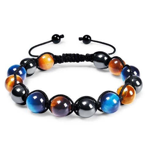 Healing Protection Bracelet With Blue Yellow Tiger Eye Hematite Obsidian Stones Hand Woven Adjustable Jewelry Gift Men Women
