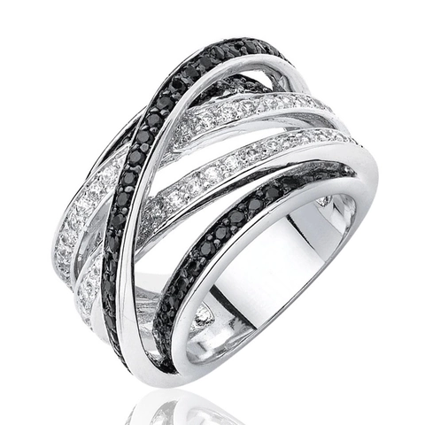 Anillo Cruzado Cobre Circonita Cúbica Multicapa Geométrico Blanco Negro Micro Pavé Joyería Para Mujer