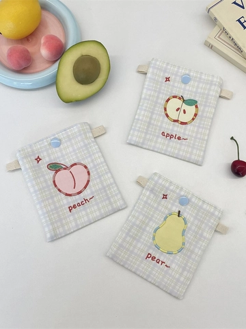 Mini Kaarthouder Tas Schattig Fruit Borduurwerk Geruite Stof Portemonnee Drukknop Draagbare Kleine Opbergtas Voor Meisjes