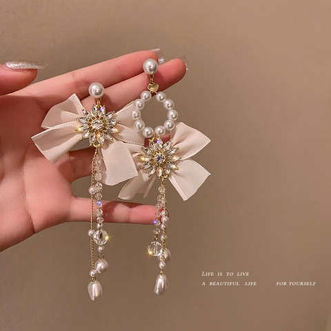 Asymmetric Bow Tassel Earrings With Faux Artificial Pearl Crystal Rhinestone And 925 Sterling Silver Earring Post Elegant Women