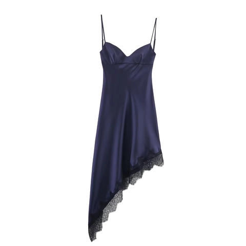 Damen Satin Spitze Asymmetrisches Kleid Spaghettiträger V-Ausschnitt Rückenfrei Überkreuzte Schnürung Elegant Abendkleid