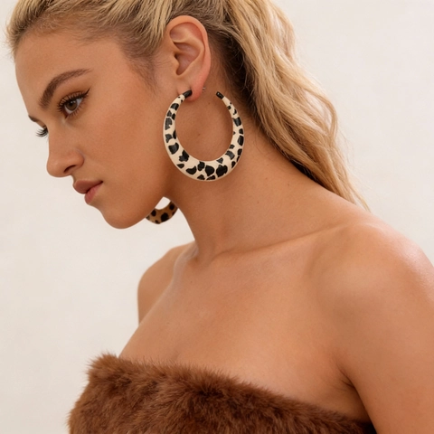 Large C-Shaped Hoop Earrings With Silver Earring Post Cow Print Animal Pattern Retro Geometric Jewelry Stylish For Women